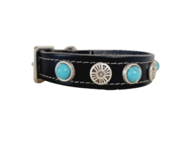 Zwart lederen Halsband met turquoise stenen XXS