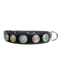 Zwarte lederen Halsband met turquoise stenen L