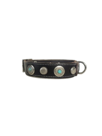 Zwarte Lederen Halsband met turquoise stenen M