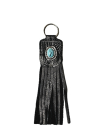Zwart Croco Sleutelhanger met franjes en een turquoise steen