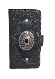 iPhone 15 Pro Zwart lederen croco hoesje met zwarte steen