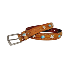 Cognac lederen croco riem met turquoise stenen