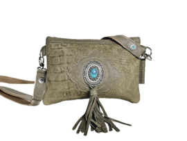 Vintage Taupe lederen Croco tas  Nandoe met turquoise steen