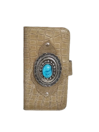 iPhone 13 Beige lederen caiman hoesje met een turquoise steen