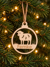 Houten ornament kerstbal Schaap met naam