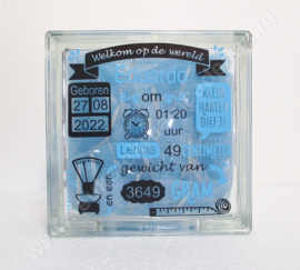 Glazen geboorteblok jongen Welkom op de wereld met verlichting