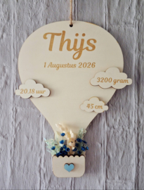 Houten Geboortebord Luchtballon met droogbloemen blauw nr.4