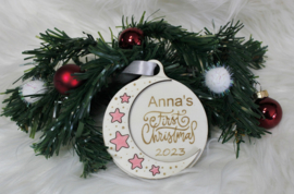 Houten ornament maan Roze First Christmas met naam