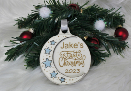 Houten ornament maan Blauw First Christmas met naam