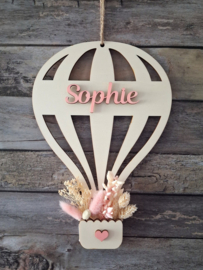 Houten Geboortebord Luchtballon open met droogbloemen roze nr.3