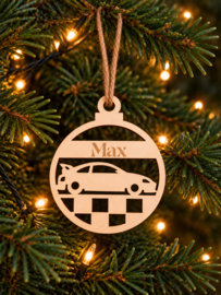 Houten ornament kerstbal Race Auto met naam