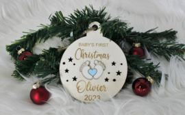 Houten ornament Voetjes Blauw Baby's First Christmas met naam