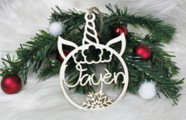 Houten ornament kerstbal Eenhoorn met naam