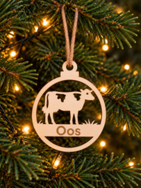 Houten ornament kerstbal Koe met naam