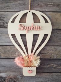 Houten Geboortebord Luchtballon open met droogbloemen roze nr.2