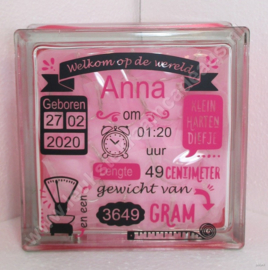 Glazen geboorteblok meisje Welkom op de wereld met verlichting