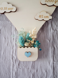 Houten Geboortebord Luchtballon met droogbloemen blauw nr.3