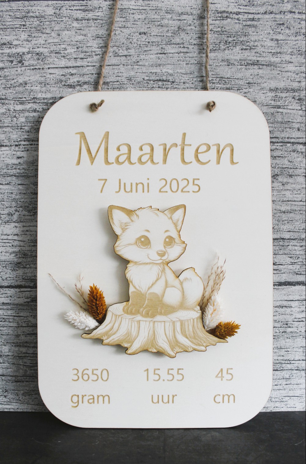 Houten Geboortebord Vos met droogbloemen