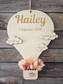 Houten Geboortebord Luchtballon met droogbloemen roze nr.3