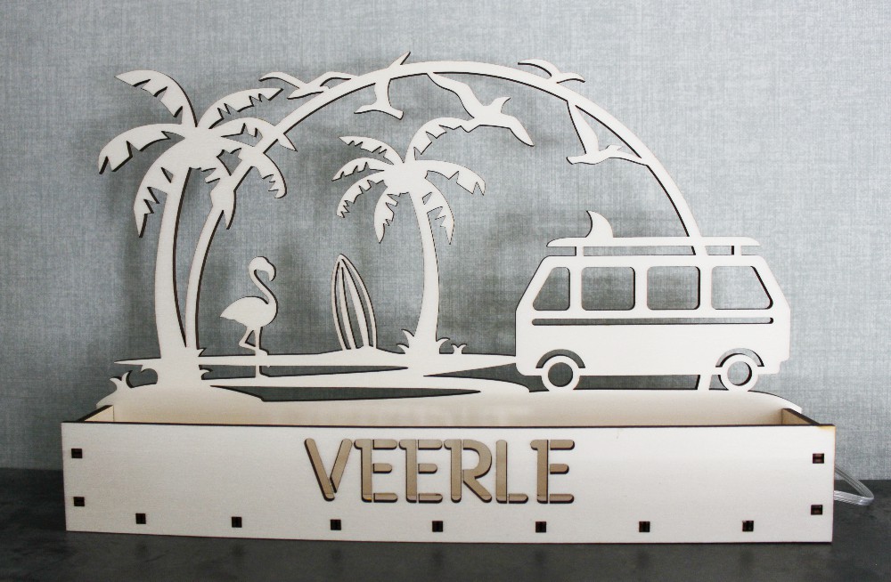 Houten Schaduwlamp Flamingo & Camper met Naam