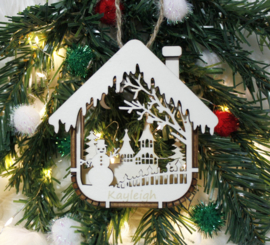 Houten Ornament 2D Huisje Sneeuwpop met naam