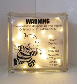 Glazen geboorteblok lieve deugniet met verlichting