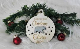 Houten ornament IJSbeer Baby's First Christmas met naam