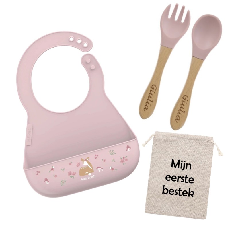 Little Dutch Siliconen Slab & Bestek roze met of zonder  naam