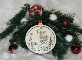 Houten ornament kerstbal vos met naam