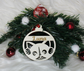 Houten ornament kerstbal kat met naam