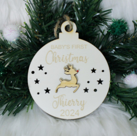 Houten ornament Rendier Baby's First Christmas met naam