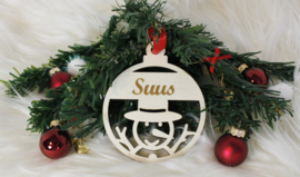 Houten ornament kerstbal Sneeuwpop met naam