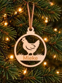 Houten ornament kerstbal Kip met naam