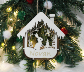 Houten Ornament 2D Huisje Konijn met naam