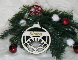 Houten ornament kerstbal kat streepjes met naam