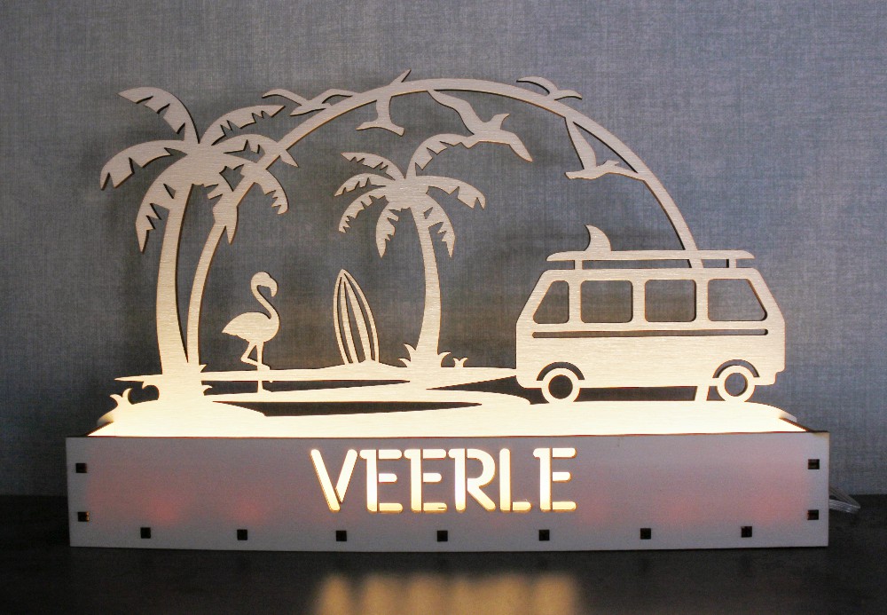 Houten Schaduwlamp Flamingo & Camper met Naam