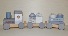 Label Label houten trein blauw / grijs met of zonder geboortegegevens