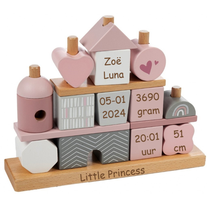 Label Label houten stapelgeveltje roze met of zonder geboortegegevens