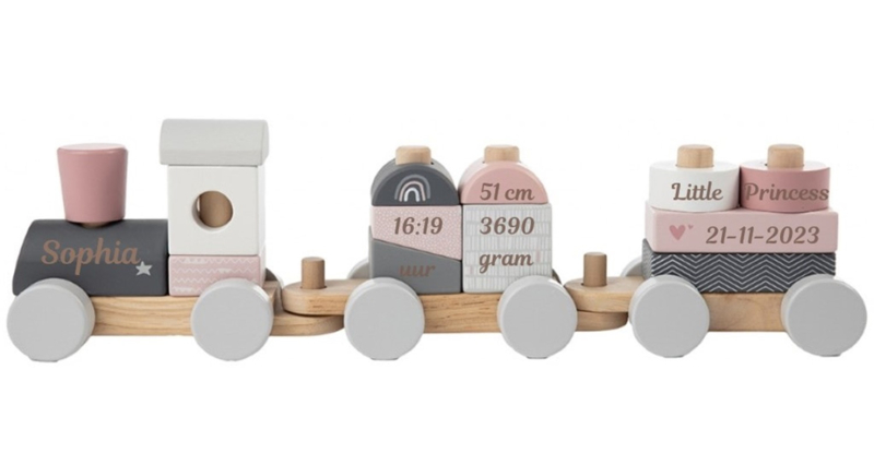 Label Label houten trein roze / grijs met of zonder geboortegegevens