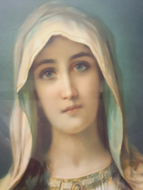 Oude plaat van Maria achter glasplaat
