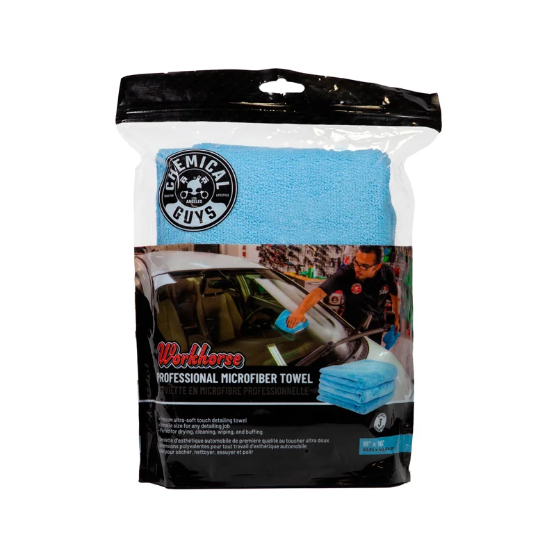 Chemical Guys Workhorse Professional Grade Microfiber Towel - Blue 16x16'' (3 Pack)