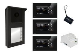 set met 3 monitoren, Entrya Facila Vision KDB1S7W kit video intercom. Met 3 binnenposten, zodat u naast de binnenpost ook via uw smartphone kan kijken en de poort openen.