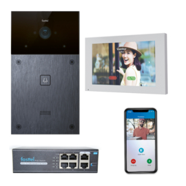 Videokit IP Fasttel, buitenpost + binnenpost + POE switch + 4 licenties APP