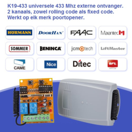 K19-433 universele 433 externe ontvanger 2 kanaals, zowel roling code als fixed code. Met deze ontvanger kan u elk merk handzender gebruiken om te bedienen.Art. 4010