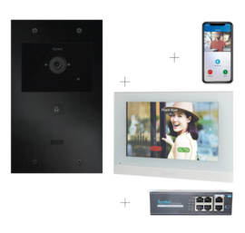 Fasttel  FT600VK-M | Videokit Plug & Play: Buitenpost 1 knop zowel in-als opbouw 263x154mm + Monitor 7" wifi + 4xApp licentie + PoE switch  (HO)