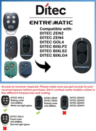 Ditec Entrematic zen2, roling code 433 MHZ zender  ook toepasbaar voor vervanger voor de GOL4 met roling code. (met wit, doorzichtige led.)