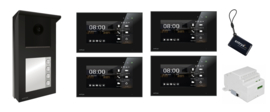 Set met 4 monitoren, Entrya Facila Vision KDB1S7W kit video intercom. Met 4 binnenpost, zodat u naast de binnenpost ook via uw smartphone kan kijken en de poort openen.