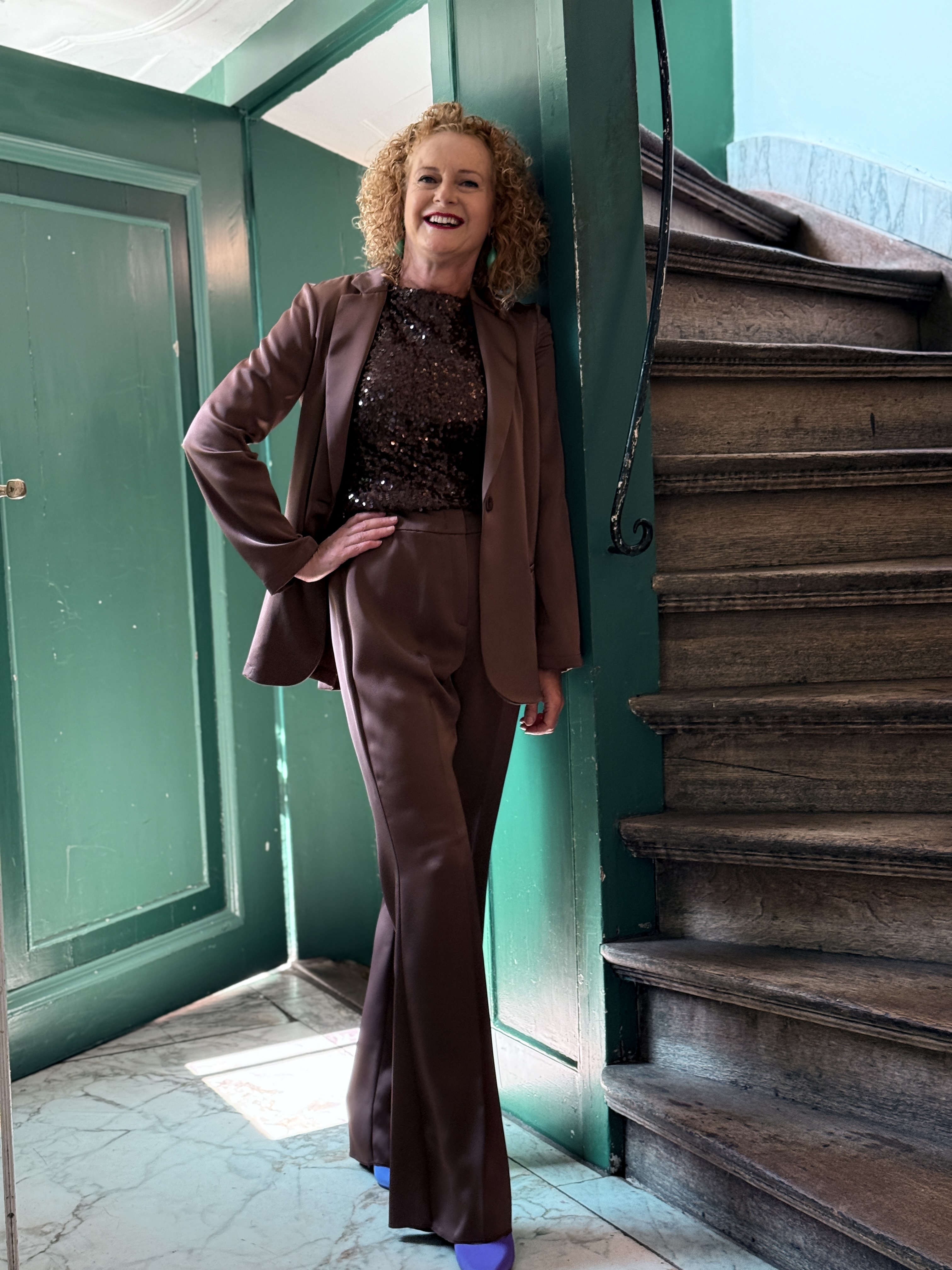 Penny black, satin suit, brown, blazer