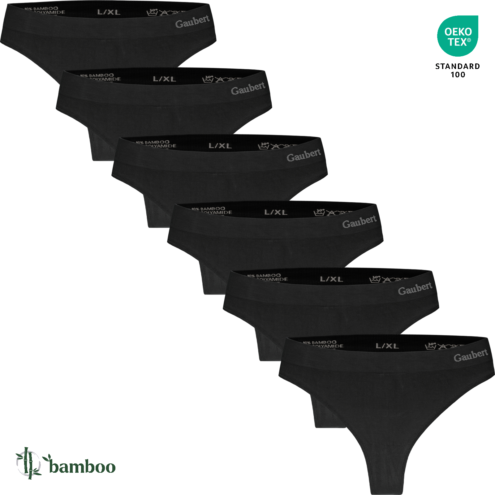 Gaubert® Naadloze Bamboe Dames String Zwart 6-Pak
