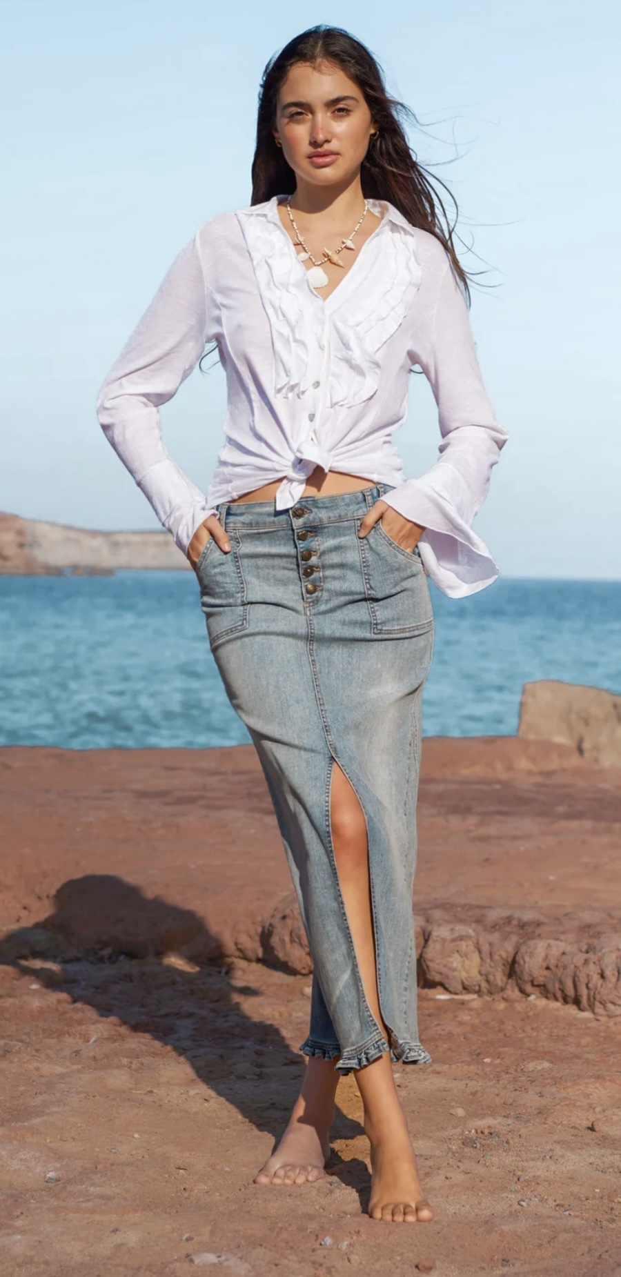 Denim Rok Ruffled Licht Blauw